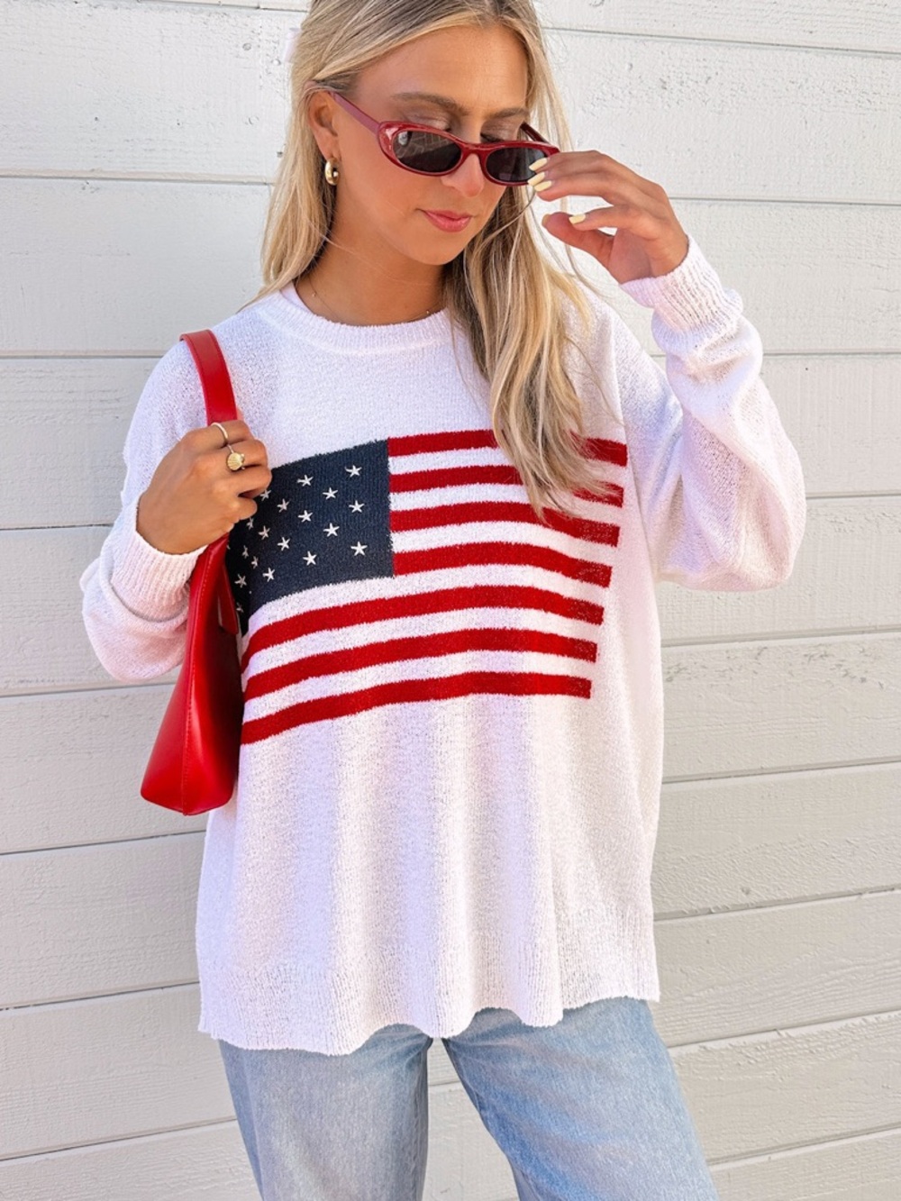 Show Me Your MuMu White Sweater with Red and Blue Flag